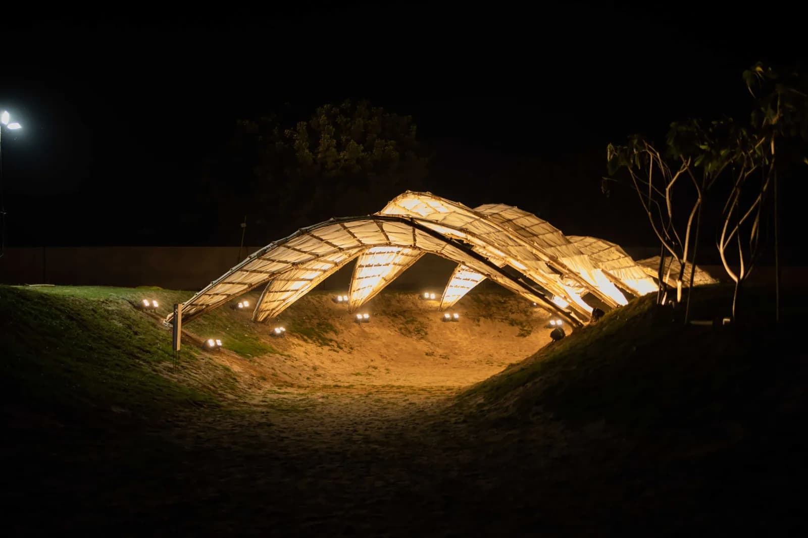 The illuminated arch installation over the grass